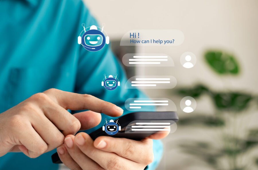 AI Chatbot intelligent digital customer service application concept, computer mobile application uses artificial intelligence chatbots automatically respond online messages to help customers instantly