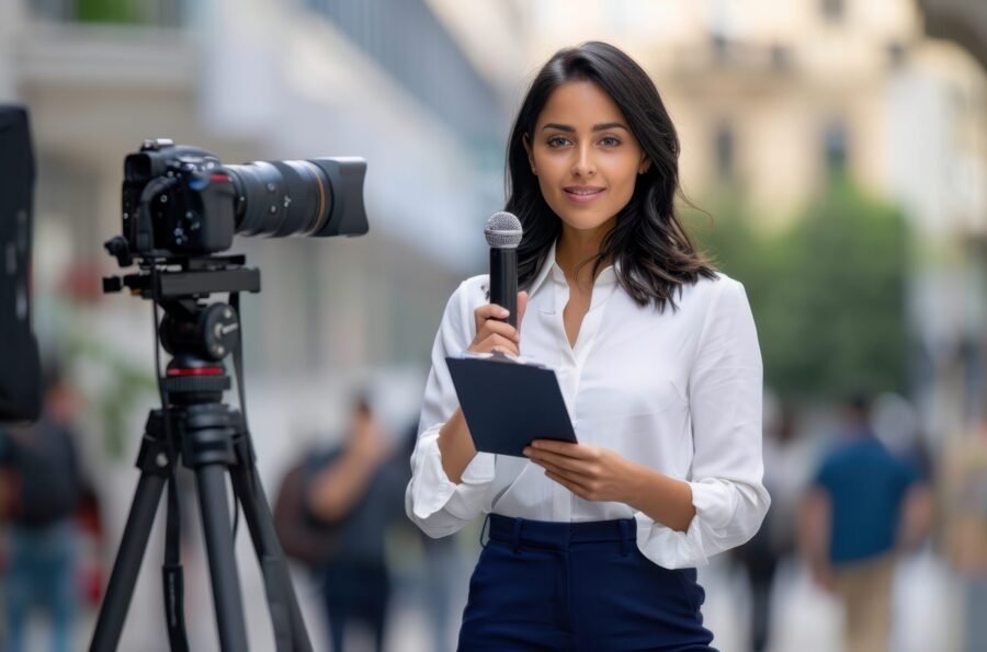 Young female journalist holding a microphone and a clipboard in front of a camera on a city street.