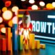 A rocket ship launching from a series of multicolored business bar graphs